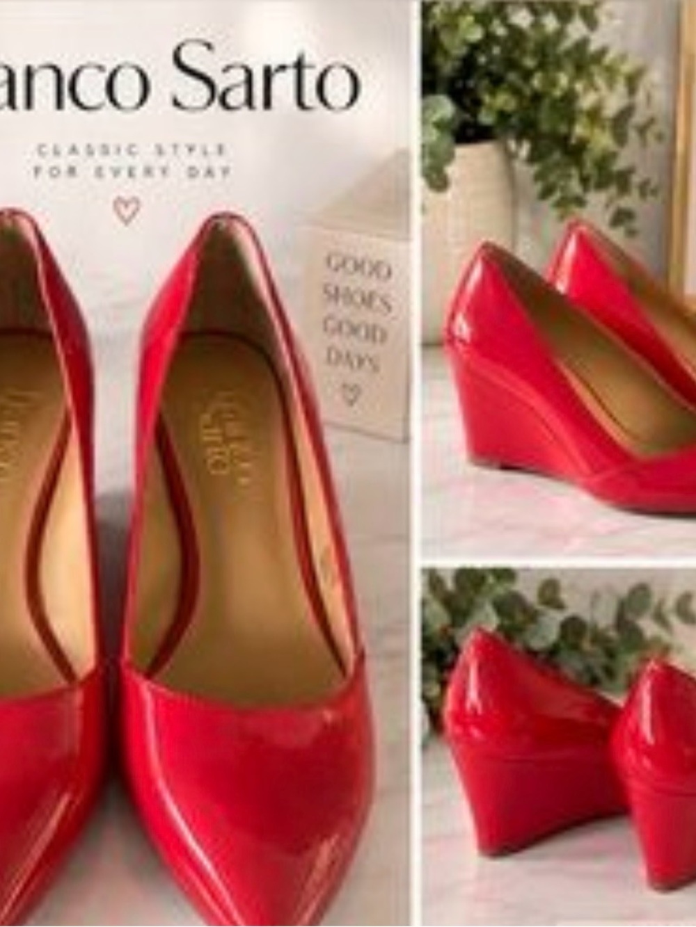 Franco Sarto Red Patent Leather Pointed Toe Wedge Pumps Heels Size 9M